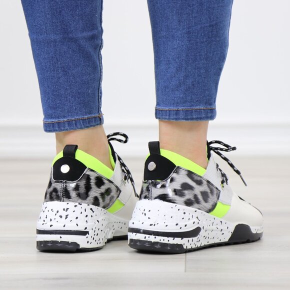 Multicolor Chunky Sneakers Neon Yellow Silver Animal Print Rugged Sole - Picture 9 of 14